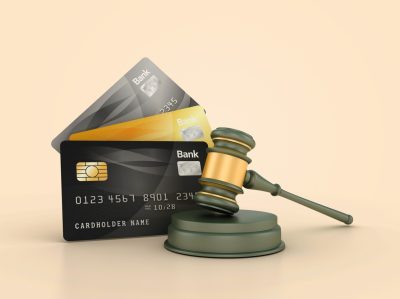 Legal Gavel with Credit Cards - Colored Background - 3D Rendering