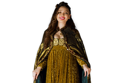 Viking Ingrid smiling and wearing a dress and long cape