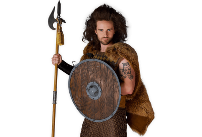 Viking warrior Ivar holding a spear and wooden shield