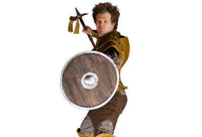 Viking Axel holding a spear and wooden shield