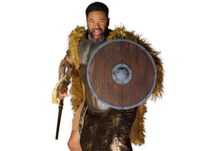 Viking warrior Gunnar holding a sword and shield