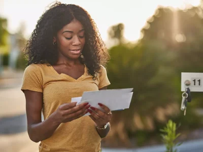 Woman receiving structured settlement payment via mail