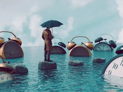 Man with umbrella walking on stones